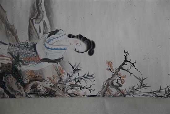 Chinese School, 20th century. A scroll painting of a lady in a rockwork landscape, image 126.5 x 39cm